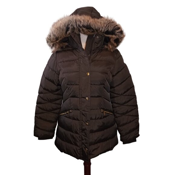 London Fog Faux-Fur Trim Hooded Down Puffer Coat Dark Moss, Gold Hardware Size M - Picture 1 of 11